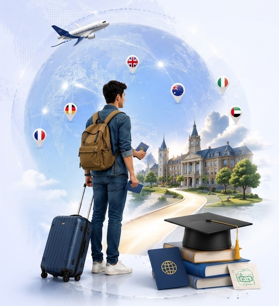 Student with suitcase and globe landmarks