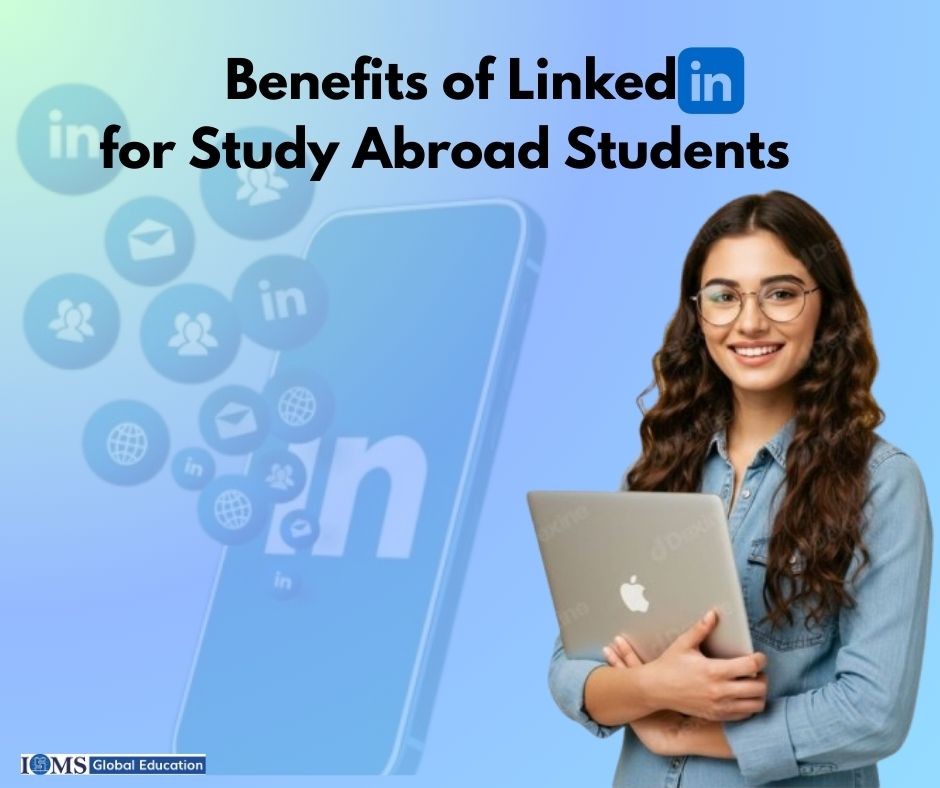 A smiling student holding a laptop in front of a blue background with LinkedIn icons, featuring the title 