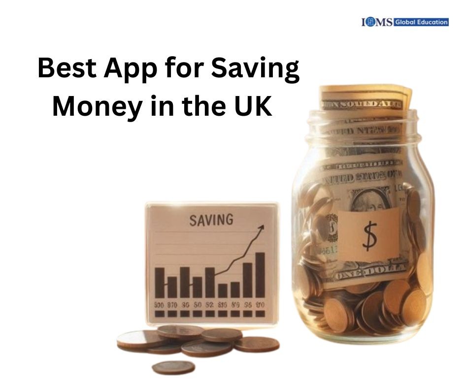 Savings jar filled with cash and coins beside a savings chart, promoting the best app for saving money in the UK.