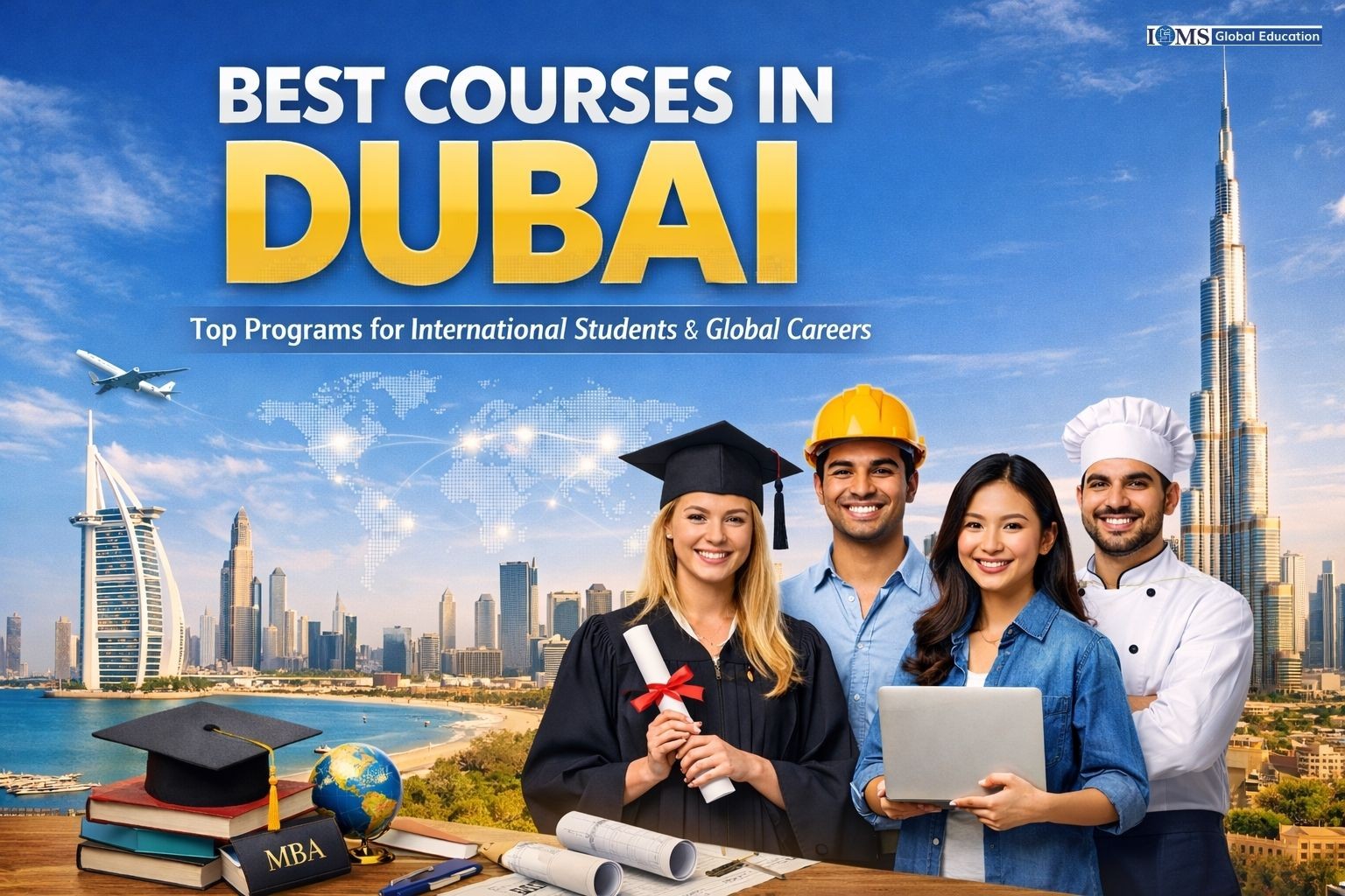 A Title is BEST COURSES IN DUBAI: Top Programs for International Students & Global Careers. The image features a diverse group of four smiling young professionals—a graduate in a cap and gown, an engineer in a yellow hard hat, a tech professional with a laptop, and a chef in a white cap. The top right corner displays the ISMS Global Education logo.