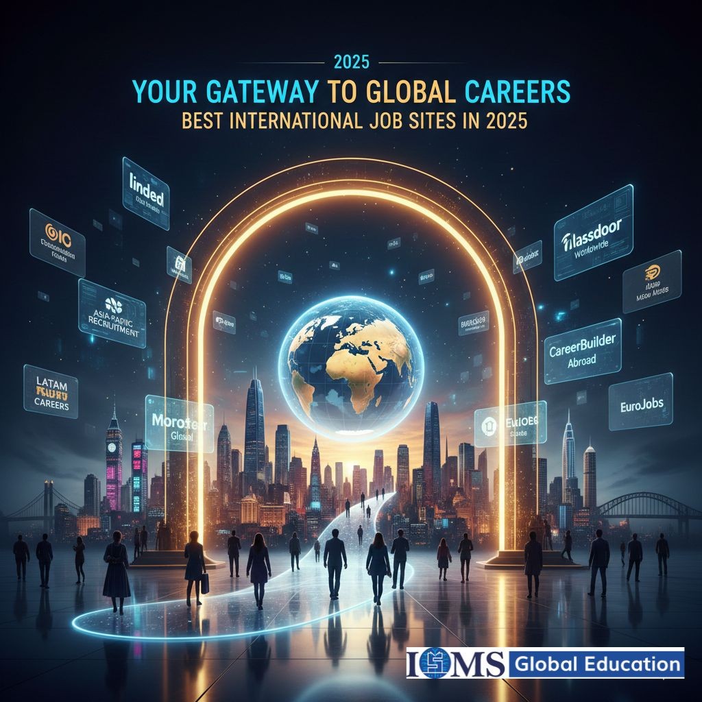 Best International Job Sites in 2025.' Picture a group of professionals confidently striding toward a vibrant, neon-lit archway that towers over a bustling, diverse city skyline. Inside the arch, a radiant globe shines brightly, surrounded by the logos of popular international job sites like LinkedIn, Glassdoor, CareerBuilder Abroad, and EuroJobs, all representing the exciting global career opportunities that await.
