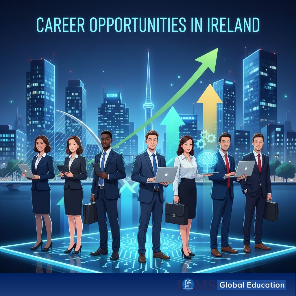 A diverse group of international graduates in caps and gowns celebrating career success in Dublin, with the Samuel Beckett Bridge and modern tech buildings in the background. Arrows, laptops, and professional symbols signify growth and global job opportunities.