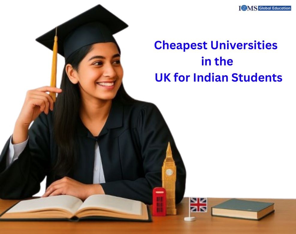 Indian student in graduation attire promoting CheapestUniversitiesUK, highlighting affordable UK universities for Indian students and study abroad.