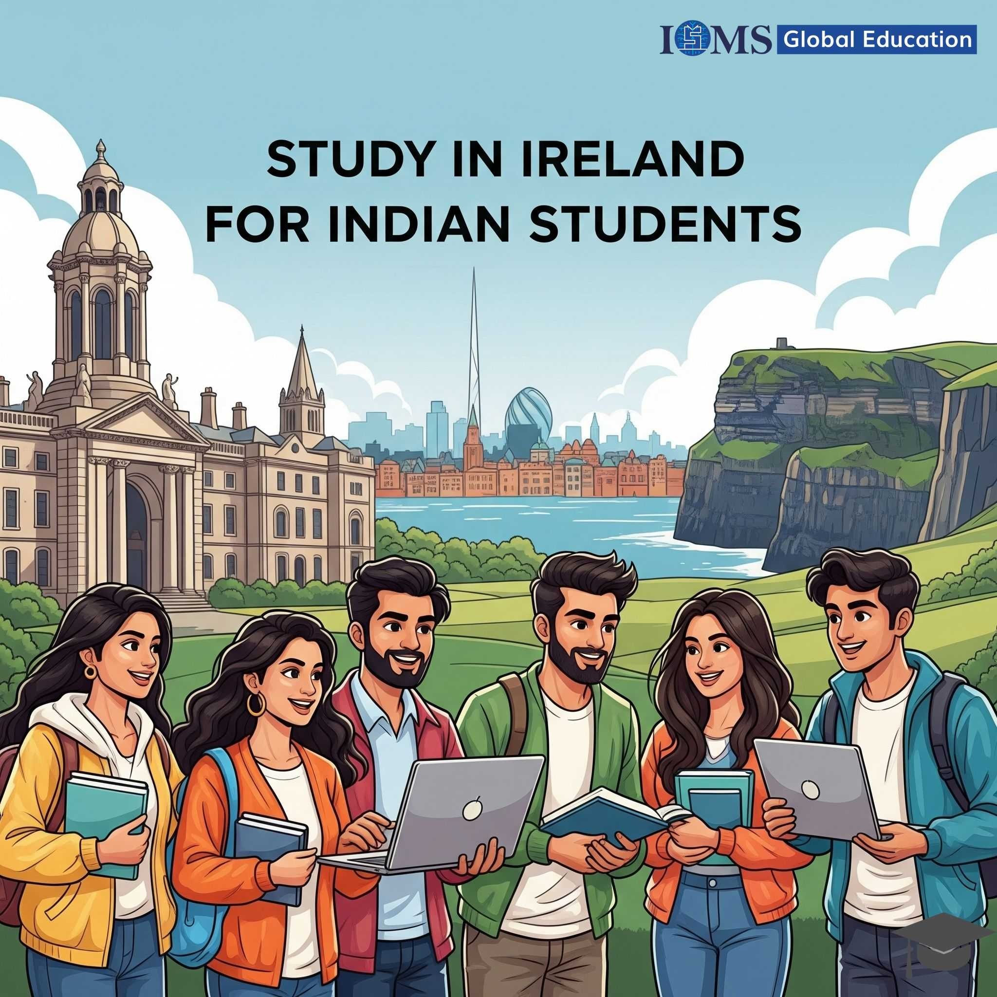 A vibrant illustration of happy Indian students holding books and laptops in front of iconic Irish landmarks, the Cliffs of Moher, and the Dublin city skyline. The image has a text overlay that reads 