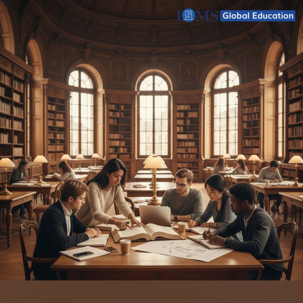 Diverse group of students studying together at a large wooden table in a grand library with high ceilings and bookshelves. and ISMS logo is located in the right of the corner.