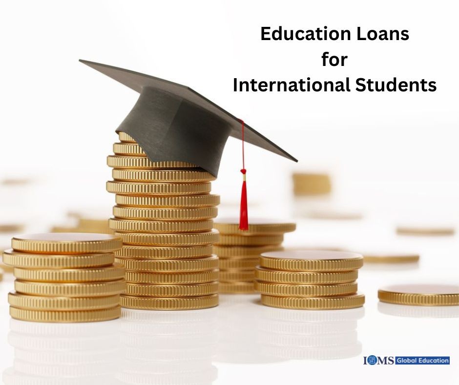 Education loans for international students illustrated with graduation cap on stacked coins, symbolizing study abroad funding and financial planning