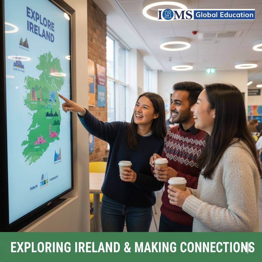 Three international students are standing in front of a large digital map of Ireland titled 