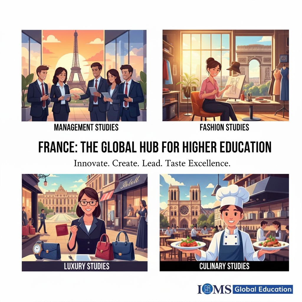 Students in suits with the Eiffel Tower, A girl standing with designer bags, A Chef holding gourmet plates, and the title is FRANCE: THE GLOBAL HUB FOR HIGHER EDUCATION.  The ISMS Global Education logo is located in the bottom right corner.