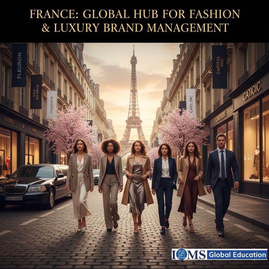 Title FRANCE: GLOBAL HUB FOR FASHION & LUXURY BRAND MANAGEMENT. The image features a group of six professional students walking confidently. In the background, the Eiffel Tower rises under a soft sunset sky, framed by blooming pink cherry blossom trees.  The ISMS Global Education logo is positioned in the bottom right corner.