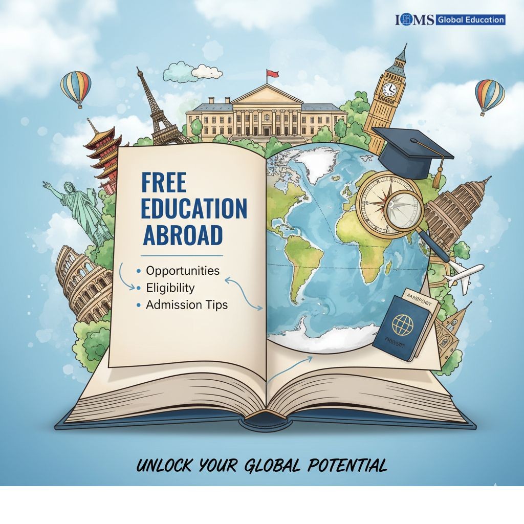 A famous international landmarks (like the Eiffel Tower, Big Ben, the Statue of Liberty Below the book, it says,UNLOCK YOUR GLOBAL POTENTIAL.This image represents the concept of studying abroad for free & ISMS Global Education logo is located in the top right of the corner.