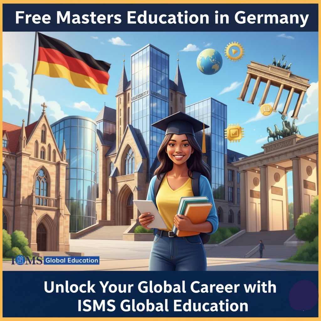The image features a smiling girl, likely a student or recent graduate, wearing a graduation cap and holding books and a tablet.  The German flag flies prominently on the left. The bottom text reads: 