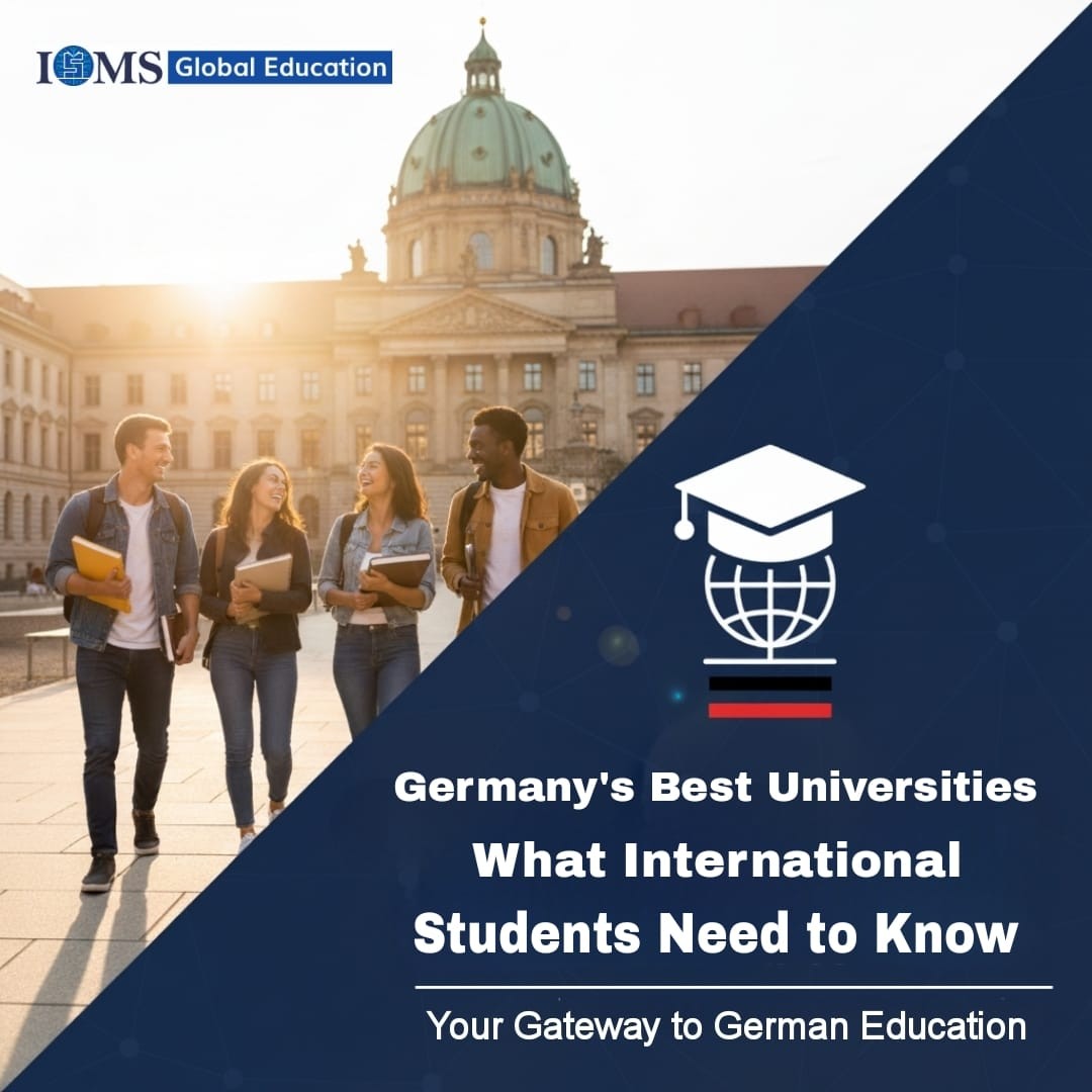 A group of diverse international students walking with textbooks in front of a historic German university building at sunset, with a blue overlay containing a graduation cap and globe icon, the German flag colors, and the title 