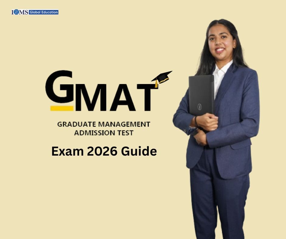 GMAT Test 2026 guide featuring a student in formal attire with GMAT exam branding and preparation details for MBA abroad aspirants.