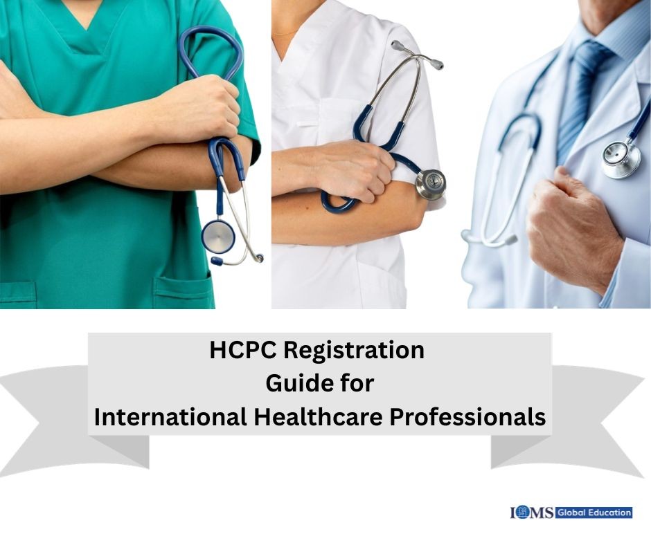 HCPC Registration Guide for International Healthcare Professionals featuring healthcare staff with stethoscopes, supported by ISMS Global Education.