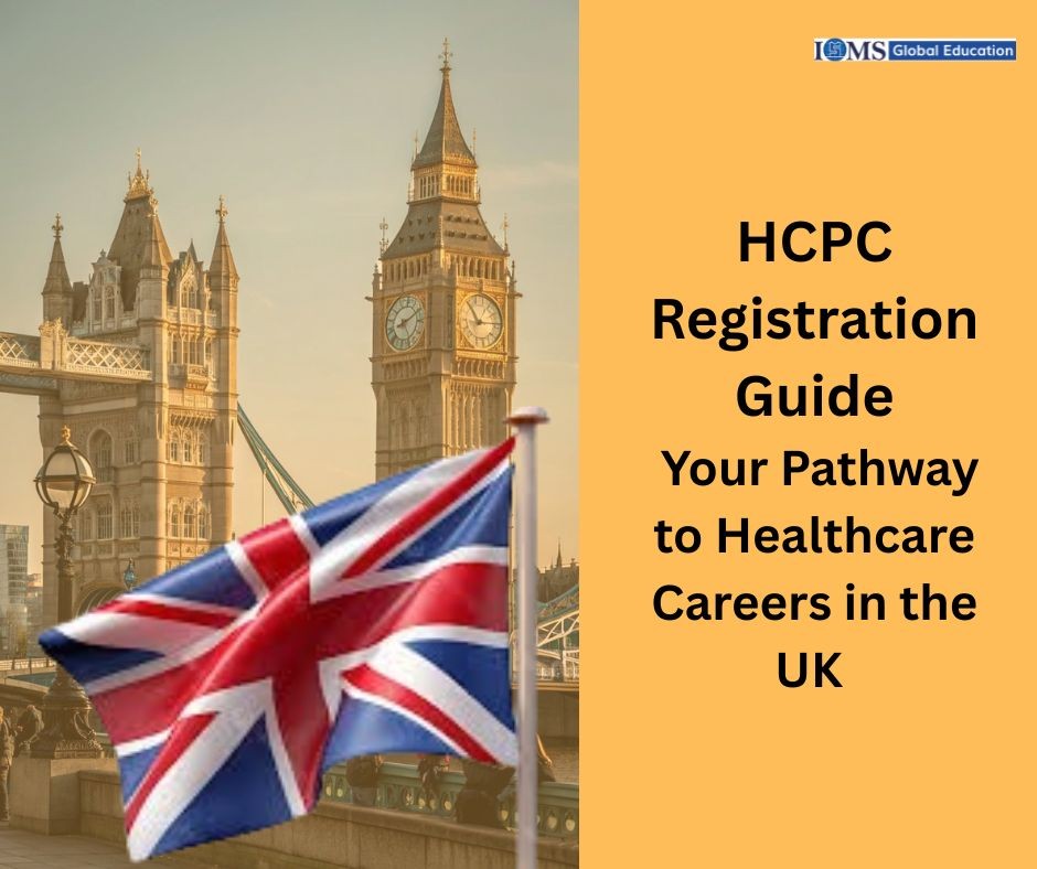 HCPC registration guide banner with UK flag, Big Ben and Tower Bridge, pathway to healthcare careers in the UK.