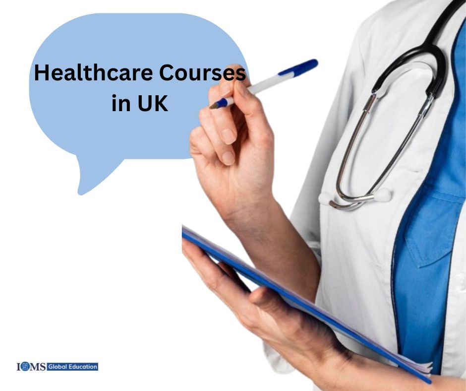Doctor holding a clipboard with text Healthcare Courses in UK, promoting UK healthcare education for international students.
