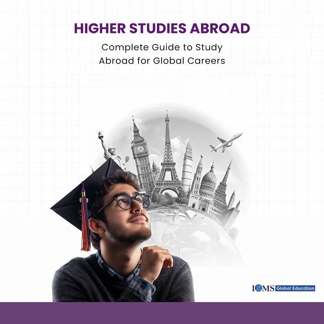 The image features a young man wearing a graduation cap and glasses, looking upward with a thoughtful and ambitious expression. Behind him, a globe graphic showcases iconic international landmarks, including the Eiffel Tower (Paris), Big Ben (London), and the Statue of Liberty (New York), with an airplane flying overhead. The ISMS Global Education logo is positioned in the bottom right corner, featuring a blue crest icon alongside the brand name