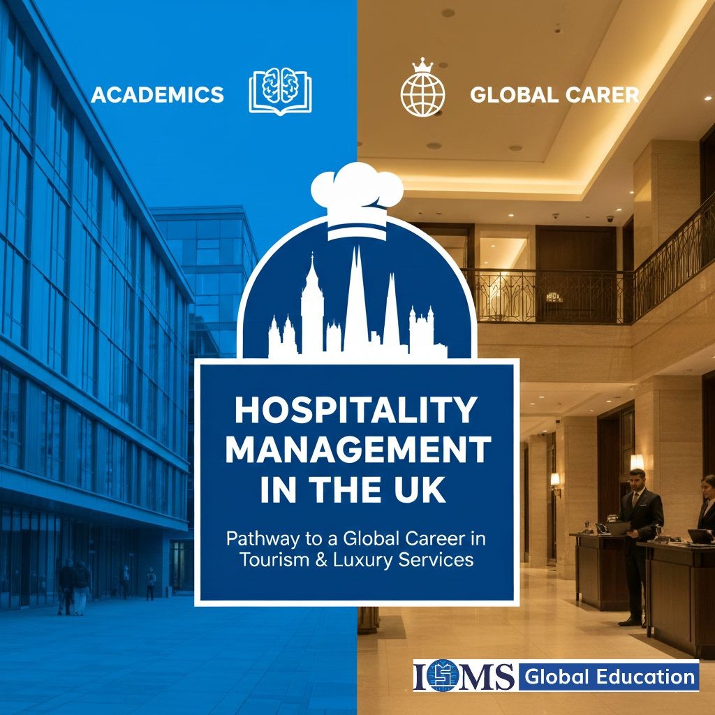 The left side, in blue, features a modern academic building and the text 