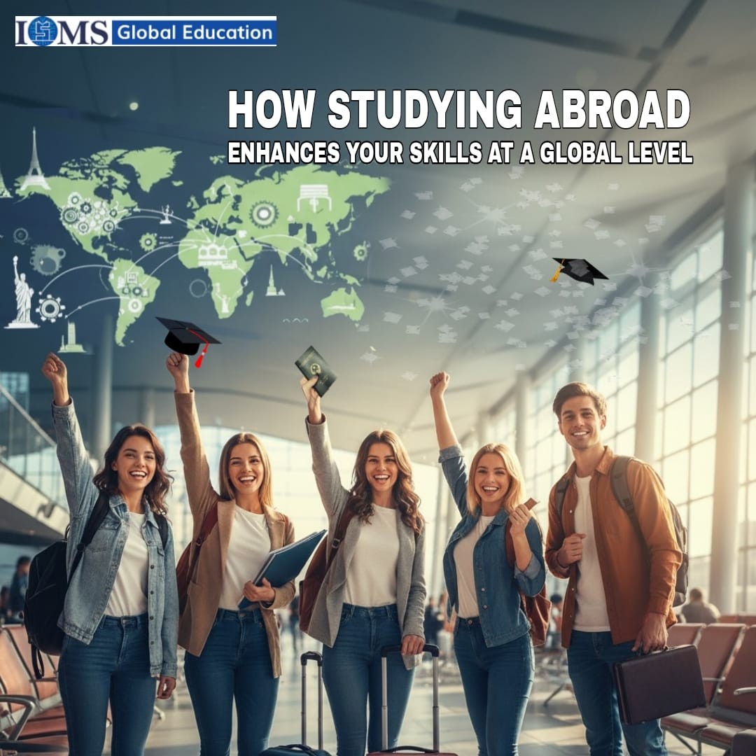 Diverse group of excited young students in an airport terminal, holding passports and graduation caps, celebrating their study abroad journey against a digital world map with global icons and landmarks; ISMS Global Education logo and title 
