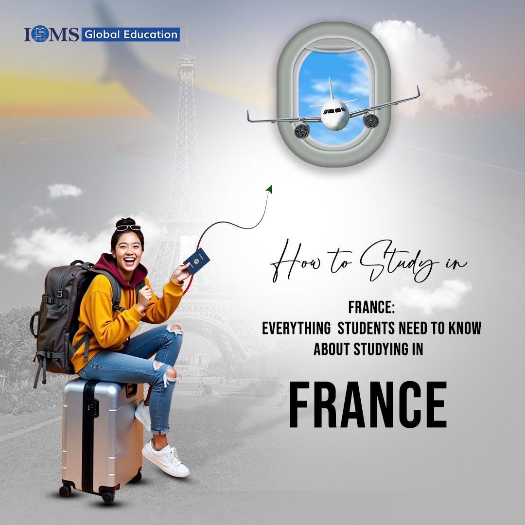 A cheerful student with a backpack and suitcase sits in front of the Eiffel Tower, holding a passport, with an airplane window view in the background, symbolizing the journey to study in France.