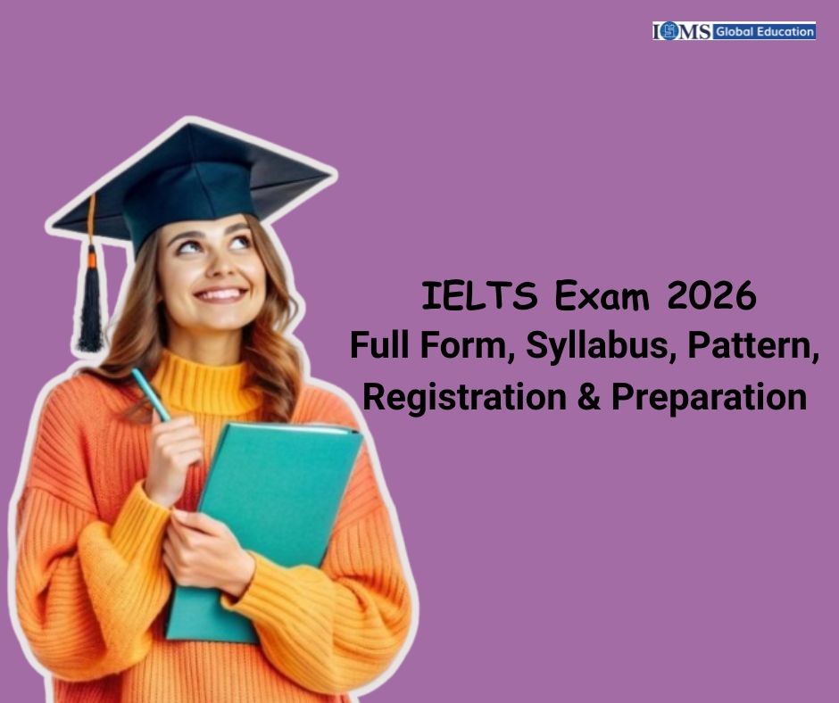 Infographic showing a smiling graduate holding a notebook with the title “IELTS Exam 2026: Full Form, Syllabus, Pattern, Registration & Preparation,” and the ISMS Global Education logo in the top-right corner.