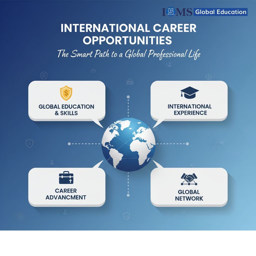 A title is International Career Opportunities: It shows a centre globe and connected by four text bubbles representing key elements: Global Education & Skills, International Experience, Global Network, and Career Advancement. The Logo of ISMS Global Education is shown in the right top of the corner.