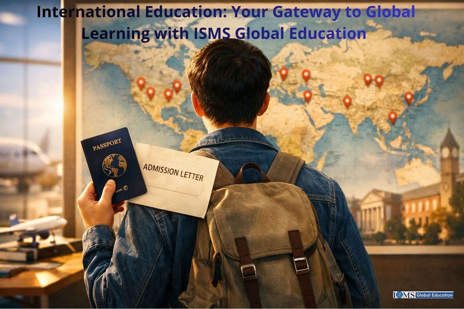 A student with a backpack is viewed from behind, holding a passport and an 