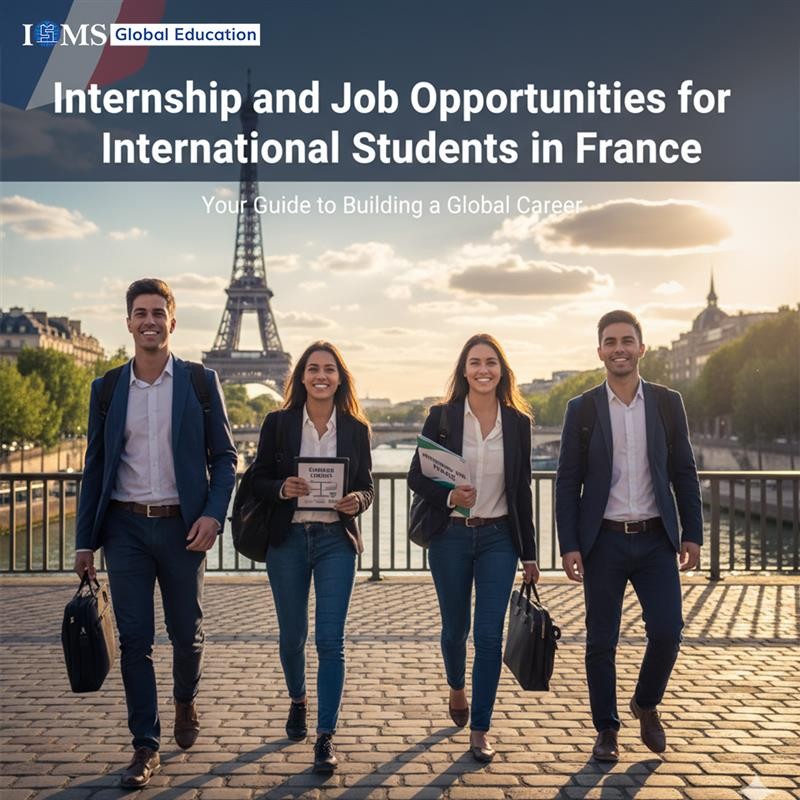 Four international students in professional attire walk confidently by the Seine River with the Eiffel Tower in the background, holding documents, symbolizing internship and job opportunities in France.