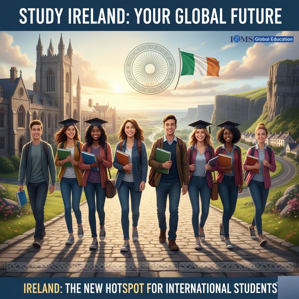 A 4 diverse students are walking in the Ireland and write study Ireland: Your global future and ISMS Global Education  logo is located in the right top of the corner.