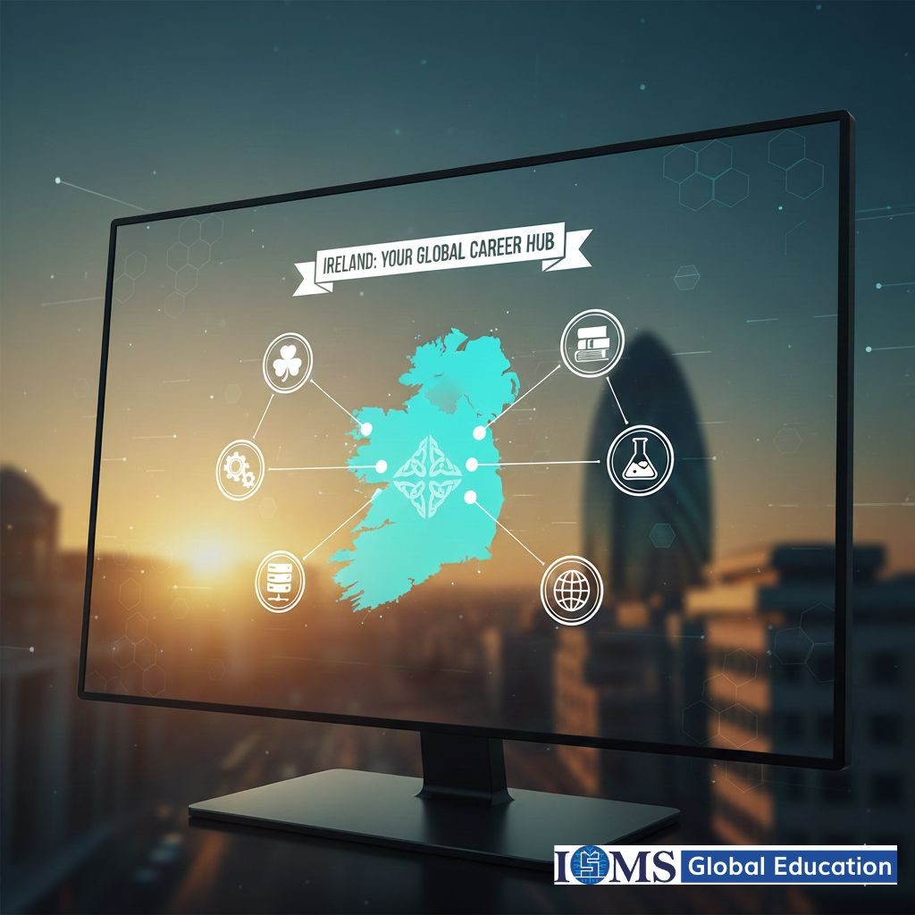 A computer monitor displays a graphic overlaid on a blurred cityscape at sunset. A banner above the map reads IRELAND: YOUR GLOBAL CAREER HUB. The logo 