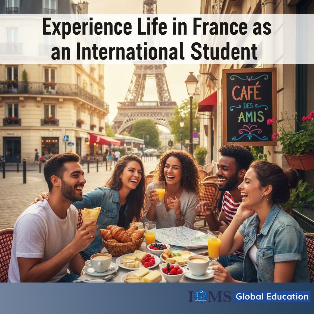 A diverse group of international students laughing and enjoying a French café breakfast outdoors on a sunny day with the Eiffel Tower visible in the background. The table is set with croissants, fruit, juice, and coffee.