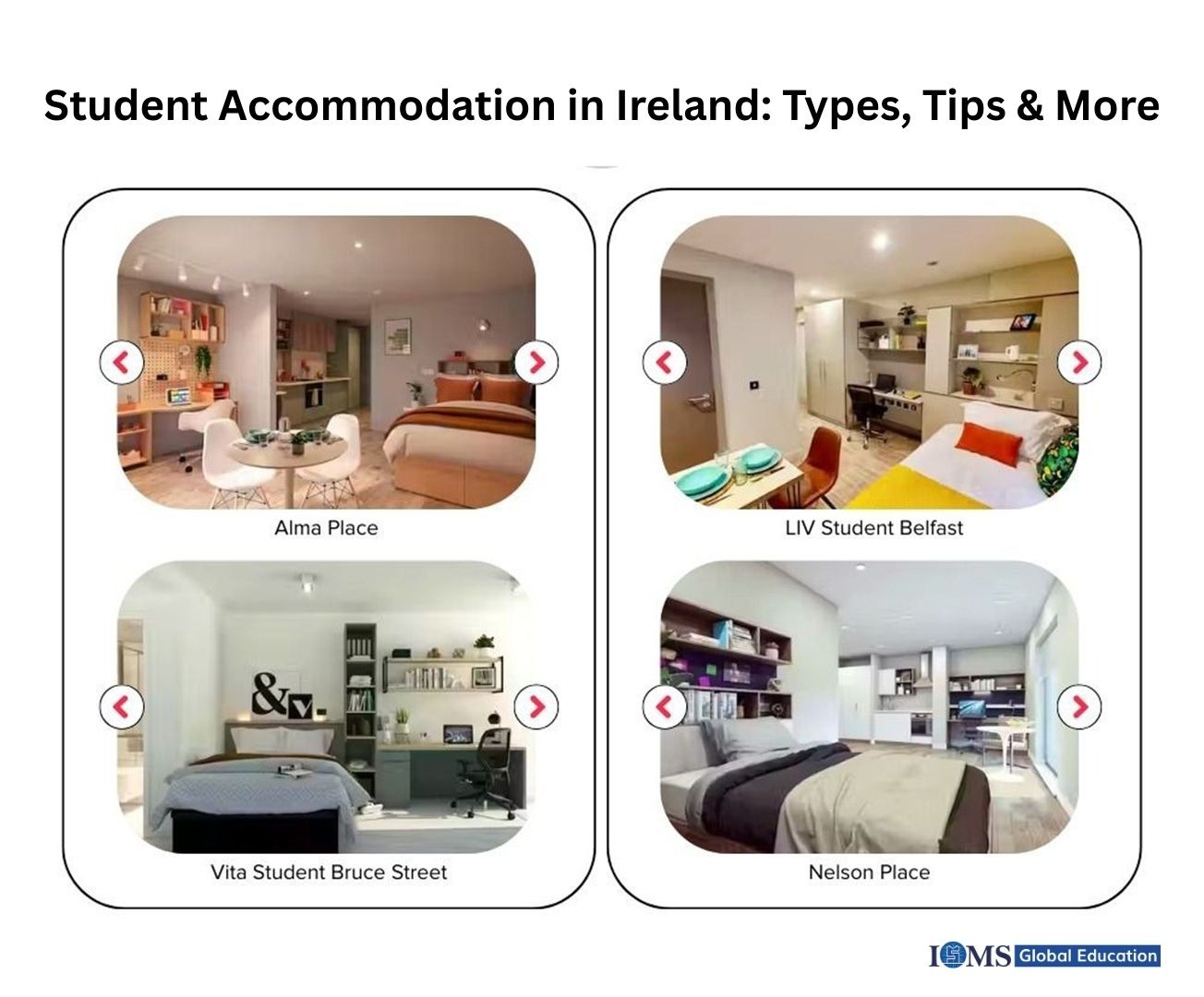 The image showcases four modern student studio apartment interiors in Belfast and Ireland: Alma Place, which features a warm-toned room with a dining table; The Logo of ISMS Global Education is on the left of the corner.