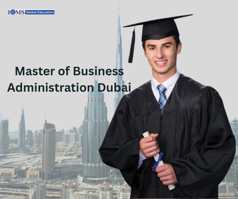 Graduate student in cap and gown for MBA in Dubai with Dubai skyline, Master of Business Administration guide image