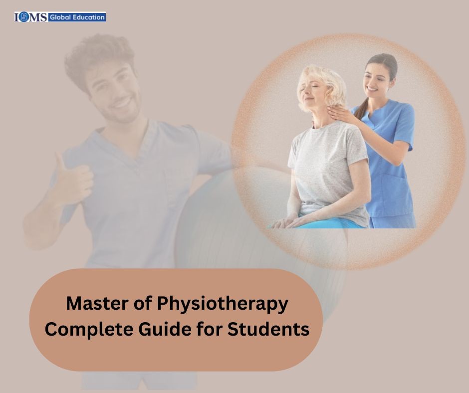 Master of Physiotherapy guide banner showing therapist assisting patient with neck exercise, student-focused education overview