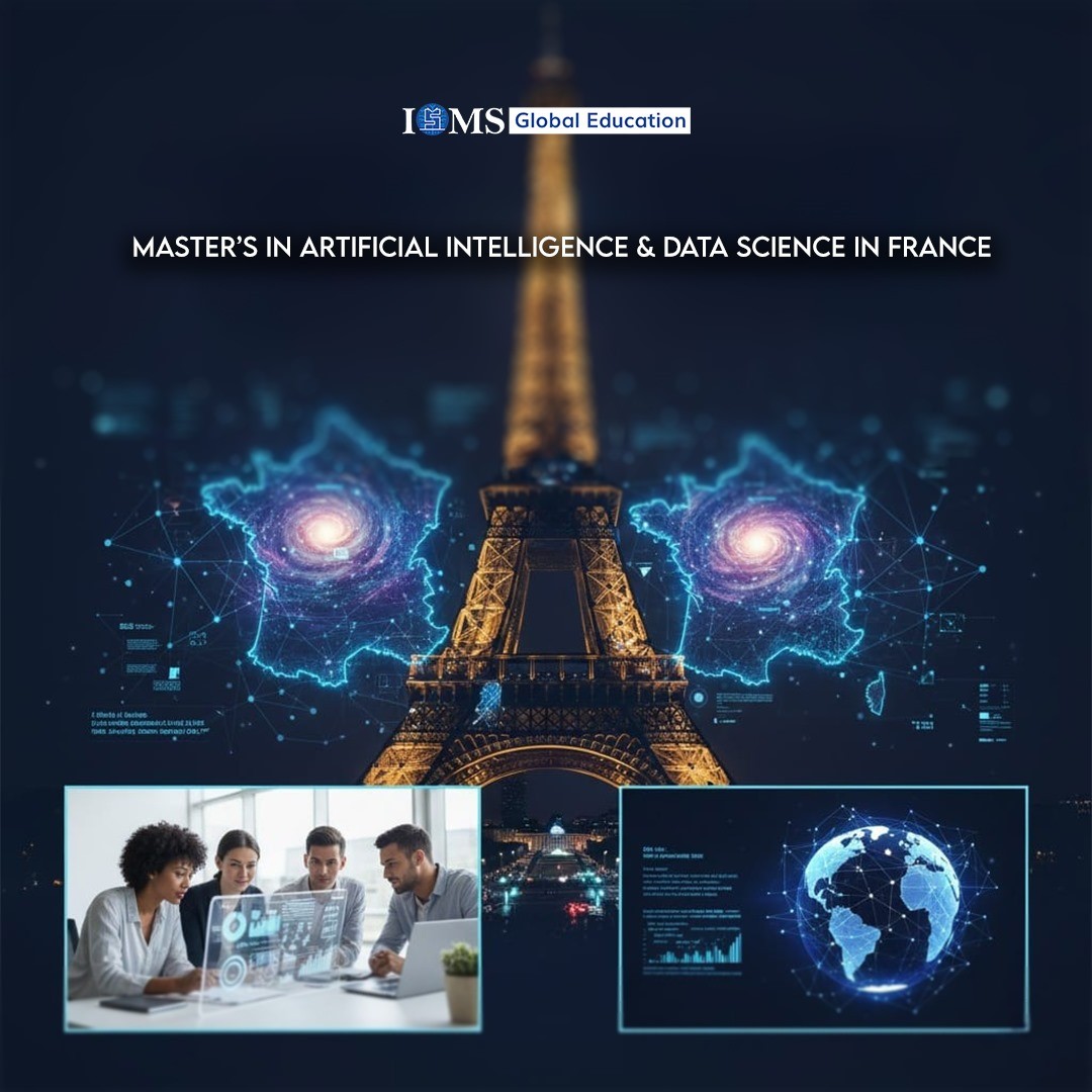 ISMS Global Education featuring the Eiffel Tower with AI and data science visuals, a globe, and students working on tech projects.