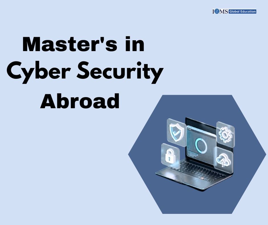 Master’s in cyber security abroad banner featuring digital security icons, laptop graphics, and study abroad education theme by ISMS.