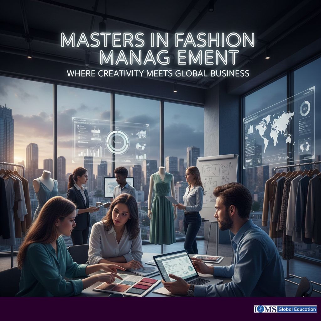 The image shows a group of diverse young professionals in a sleek, high-rise office with floor-to-ceiling windows overlooking a city skyline at sunset. They are engaged in a meeting, promoting a Masters in Fashion Management program by ISMS Global Education.
