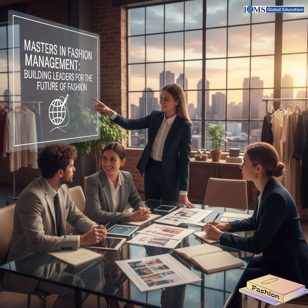Four professionals are meeting around a glass table, with a large window in the background showing a city skyline at sunset. The text