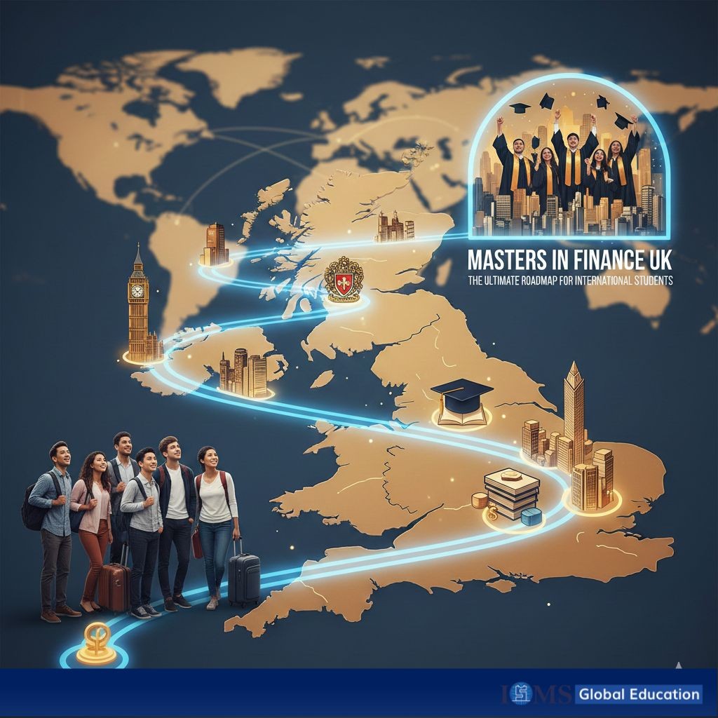 This image shows the journey for international students seeking a Master's in Finance degree in the United Kingdom. The graphic aims to convey a sense of opportunity, guidance, and achievement. The logo 