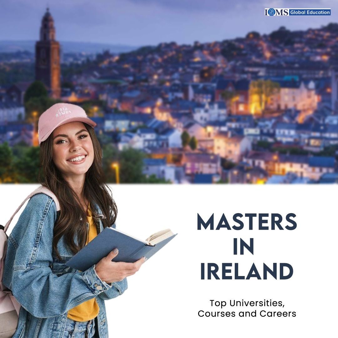 A smiling young girl with a backpack and a pink cap holds an open book. The background features a blurred, scenic view of an Irish town. To the right, Master's in Ireland is the Title, and ISMS Global Education is located in the top right corner.
