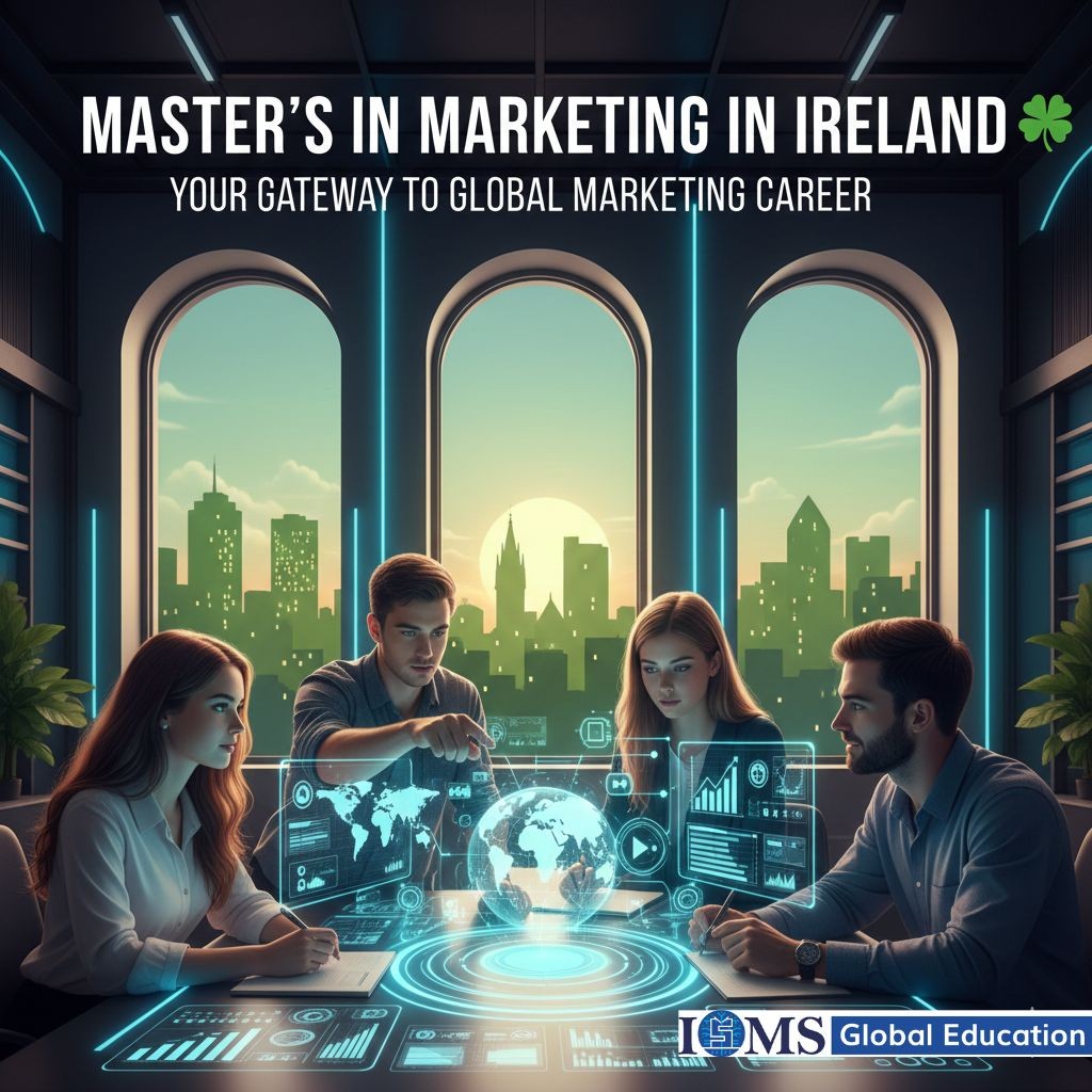 Four diverse students, sitting around a table in a modern, high-tech classroom. The overall atmosphere is futuristic and professional, emphasizing global connectivity and data-driven marketing. Text overlay reads: 'MASTER'S IN MARKETING IN IRELAND: YOUR GATEWAY TO GLOBAL MARKETING CAREER, and the ISMS Global Education logo is on the right side of the corner.