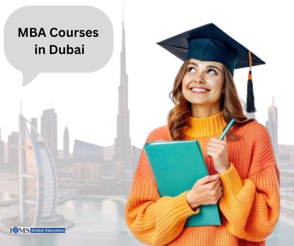 MBA Courses in Dubai guide featuring a graduate student with books and Dubai skyline background, promoted by ISMS Global Education