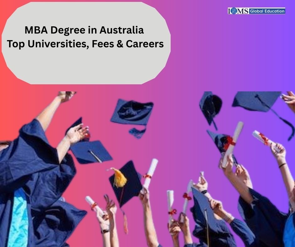 MBA degree in Australia banner with graduates tossing caps, showcasing top universities, fees and career opportunities