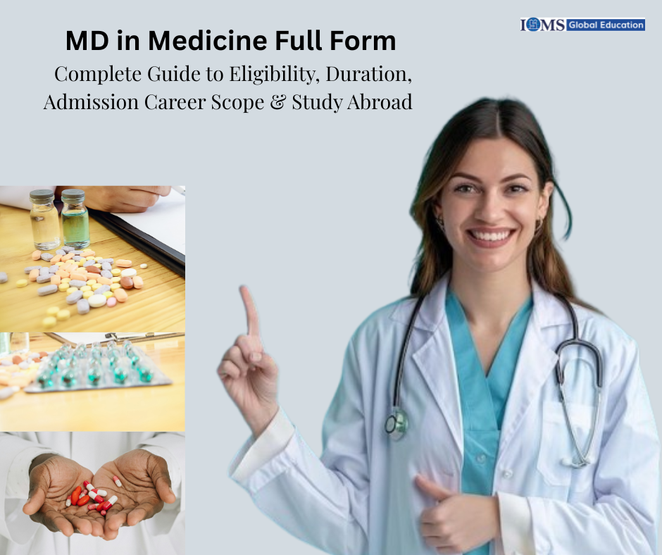 MD in Medicine full form guide featuring a doctor with a stethoscope, highlighting eligibility, admission, career scope, and study abroad options
