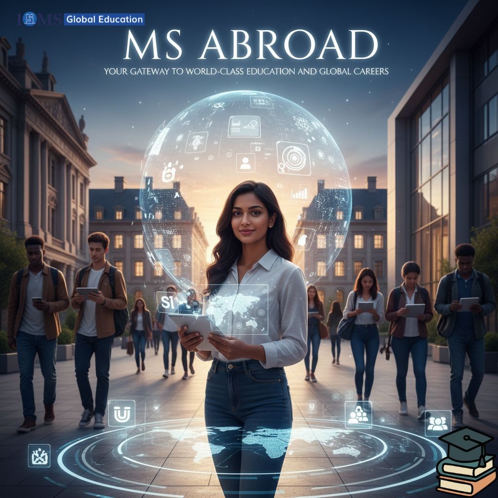 The image features a confident young woman holding a tablet, with digital connections and educational icons displayed. She is standing in a European-style university setting, surrounded by other diverse students walking in the background, suggesting global opportunities for a Master of Science (MS) degree.