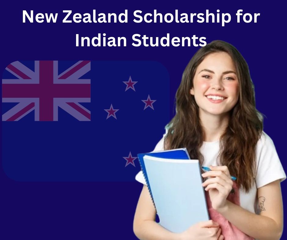 Student with books promoting New Zealand Scholarships for Indian Students 2026 with New Zealand flag background