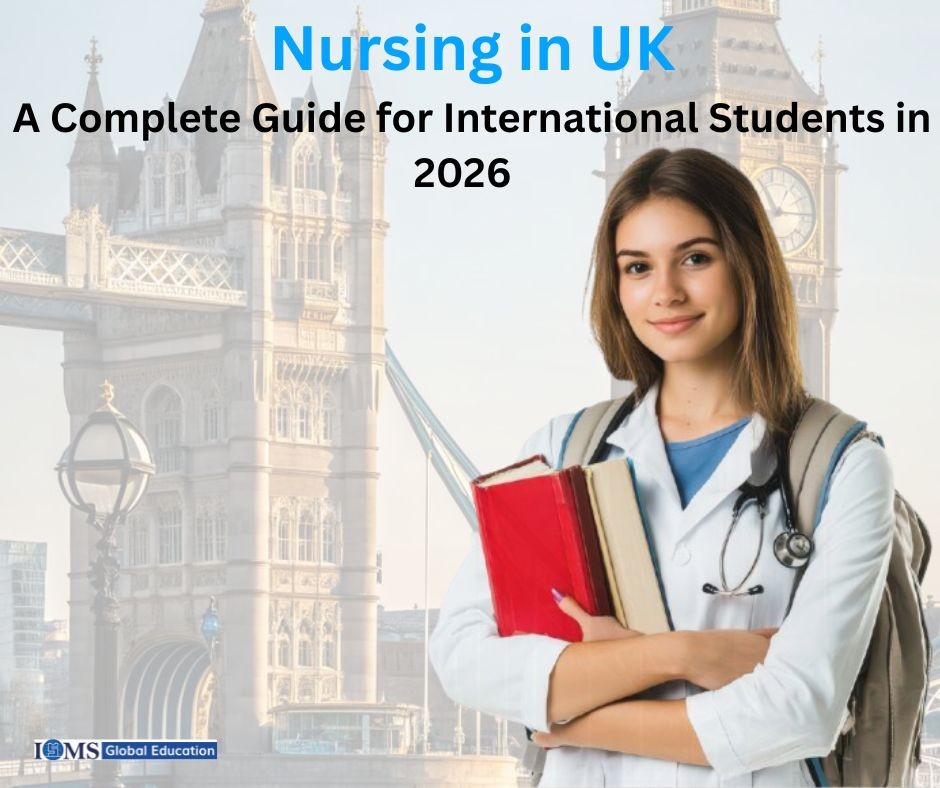 Nursing in UK guide for international students in 2026 featuring a nursing student with London Tower Bridge background.
