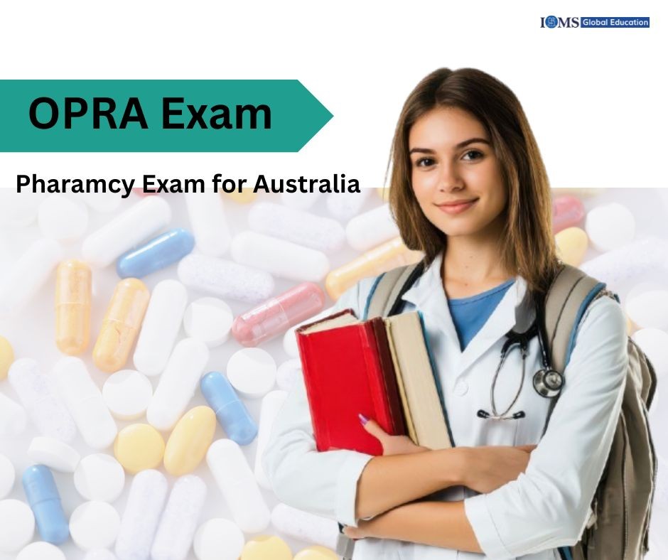 Student preparing for the OPRA Exam in Australia with pharmacy study materials and medical background for pharmacist career guidance.