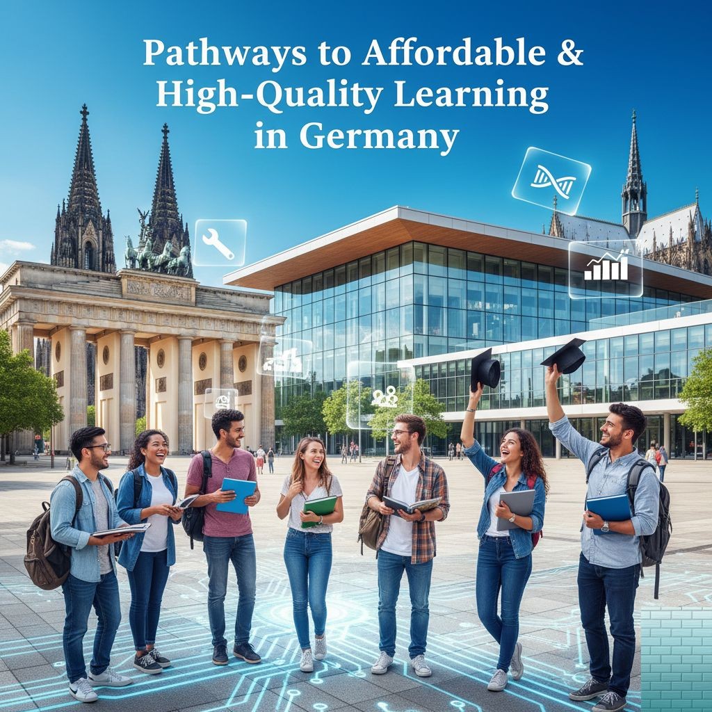 Six international students standing and smiling on an open campus plaza.  The background has a large, modern, glass university building. The students are holding books, laptops, and one student is enthusiastically holding a graduation cap in the air. Bold white text overlay reads: “Pathways to Affordable & High-Quality Learning in Germany”.