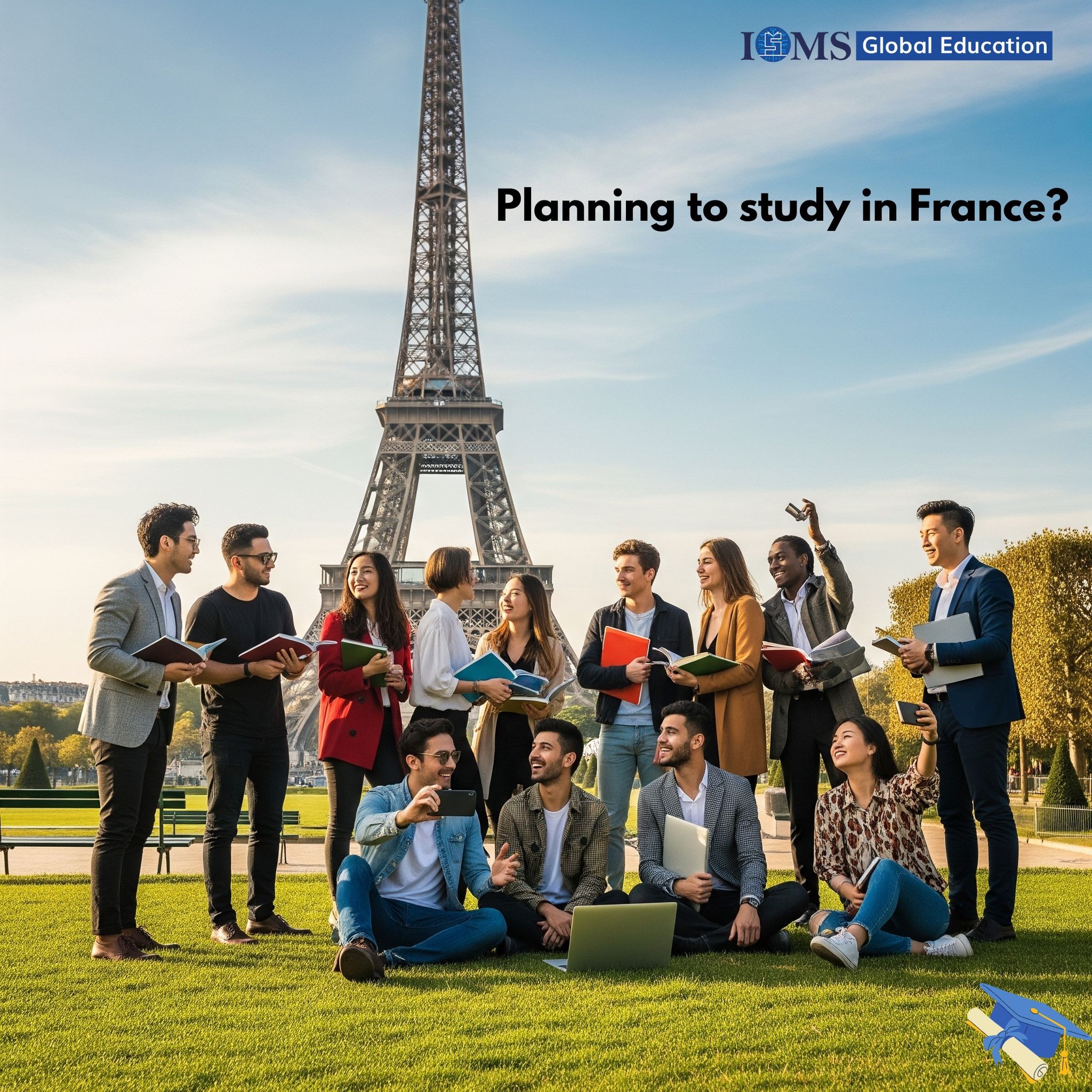 A diverse group of smiling international students sitting and standing on a grassy lawn, holding books and a laptop, with the Eiffel Tower in the background.
